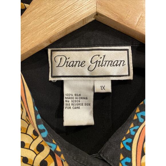 VTG Diane Gilman Size 1X Button Up Silk Blouse in Geometric print design - Picture 7 of 10